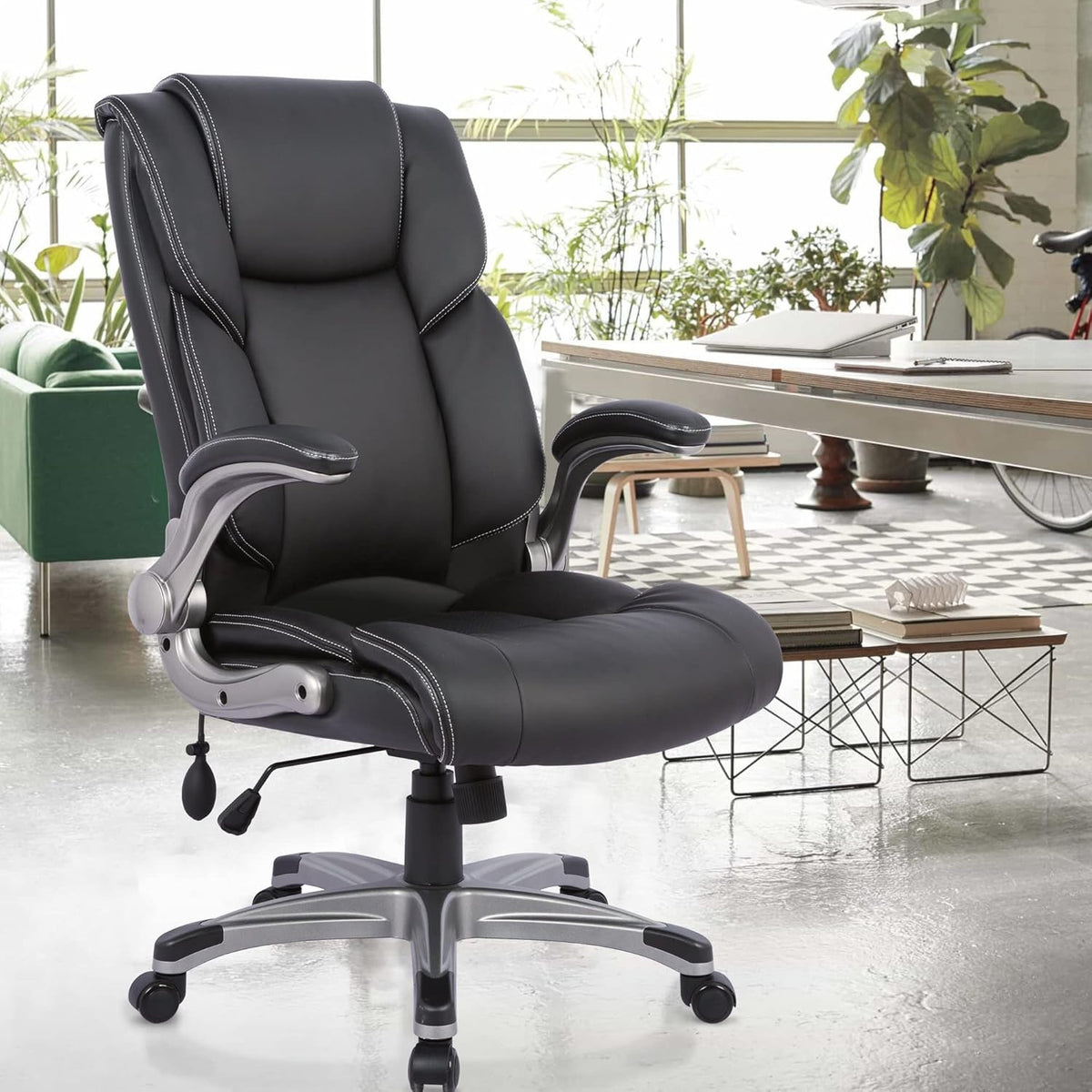 Executive Office Chair Bonded Leather Ergonomic Desk Chair Flip Arms Black