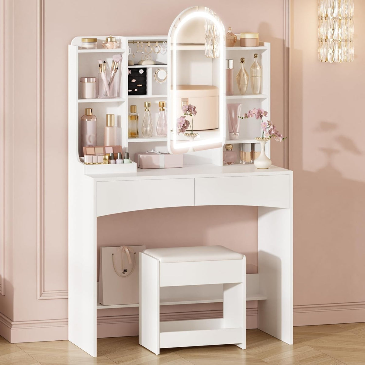 Dressing Table Vanity Desk with Mirror & 3-Color LED Light, Storage, White, Mode