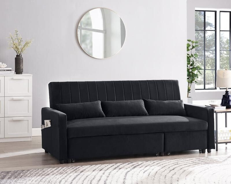 3 Seater Black Velvet Sofa Bed w/ Chaise Pull Out Storage & Cushions