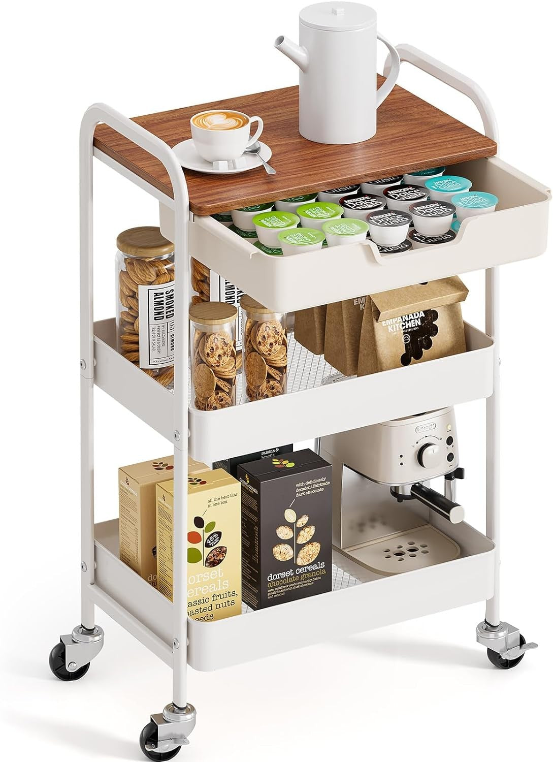 3 Tier Storage Trolley on Wheels with Drawer Wooden Top Kitchen
