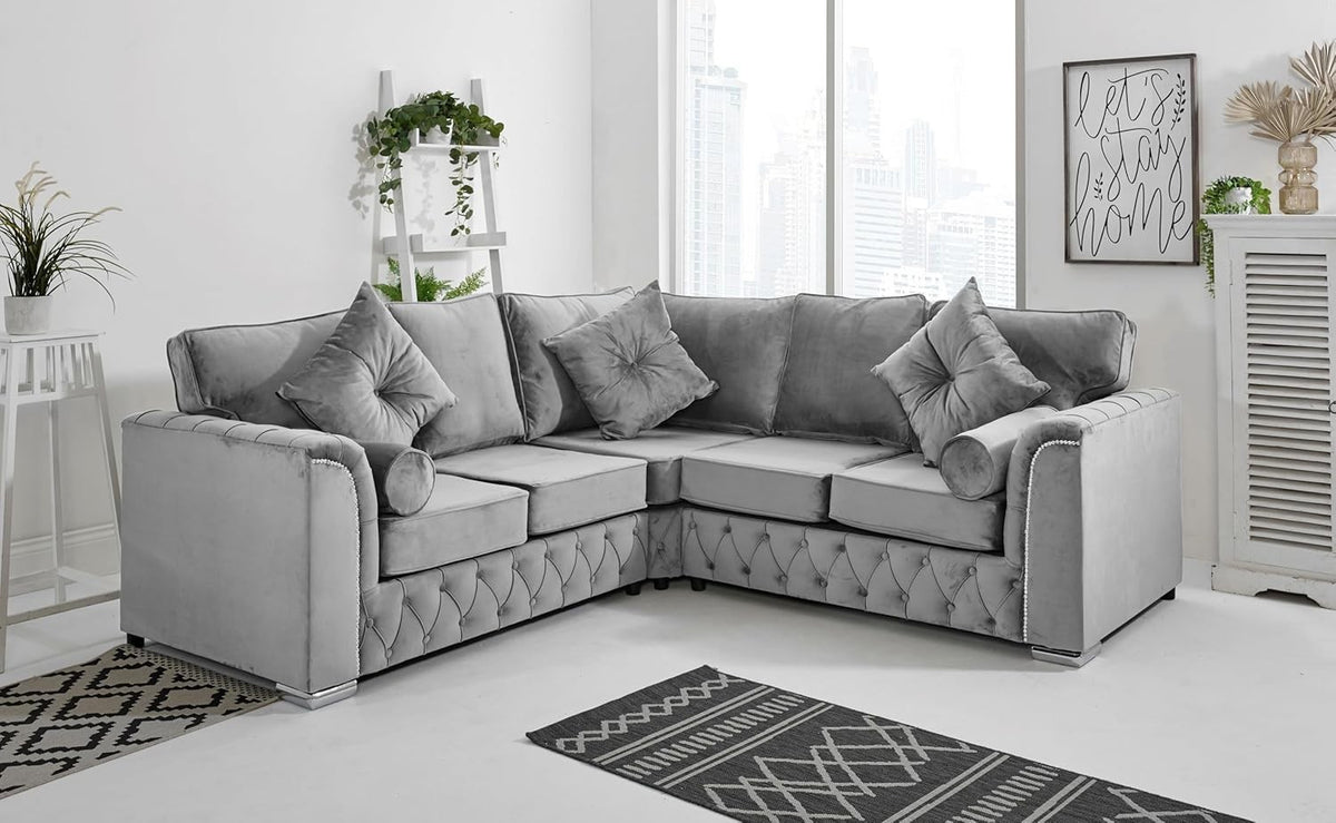 Silver Plush Velvet 5-Seater Corner Sofa – Fullback & Button Detail