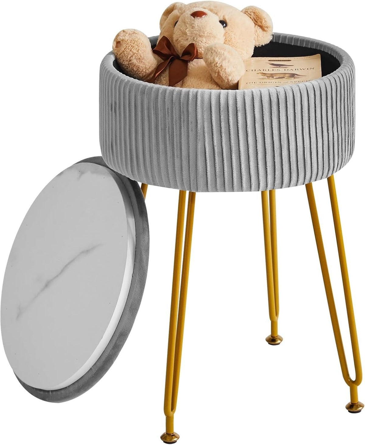 Grey Velvet Storage Footrest Ottoman – Round Vanity Stool with Gold Legs