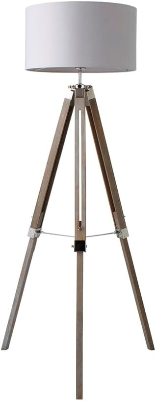 Modern Wood & Chrome Tripod Floor Lamp with Grey Drum Shade & Bulb