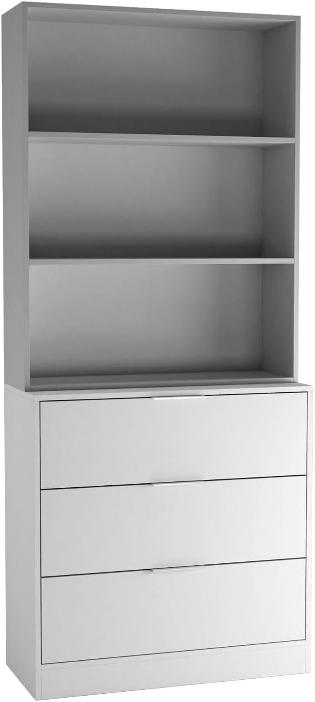 80cm White & Grey 3 Drawer Wooden Storage Chest Cabinet with Bookcase