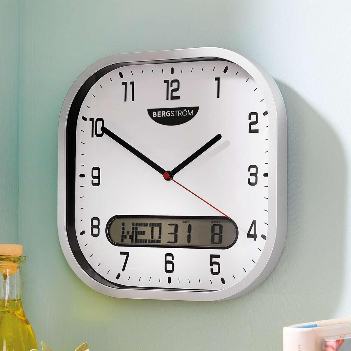 Square Wall Clock 27cm Silent Analogue with Digital Date Large Easy Read Display