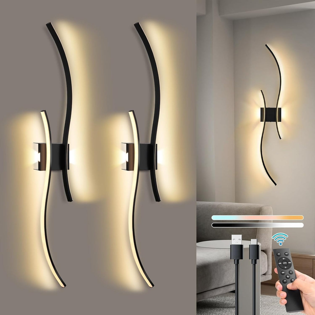 Wireless Battery Operated Wall Lights 2-Pack with Remote, Dimmable, 3000K-6000K