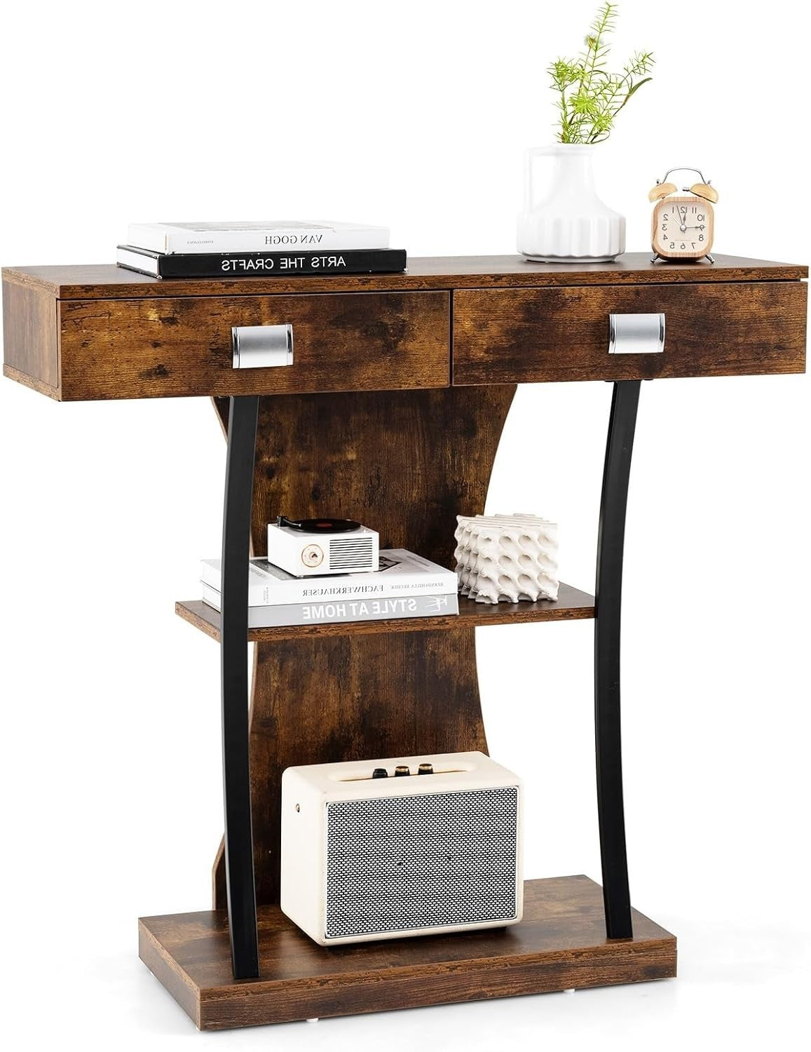 Rustic Brown Console Table with 2 Drawers & Shelves – Slim Hallway Storage