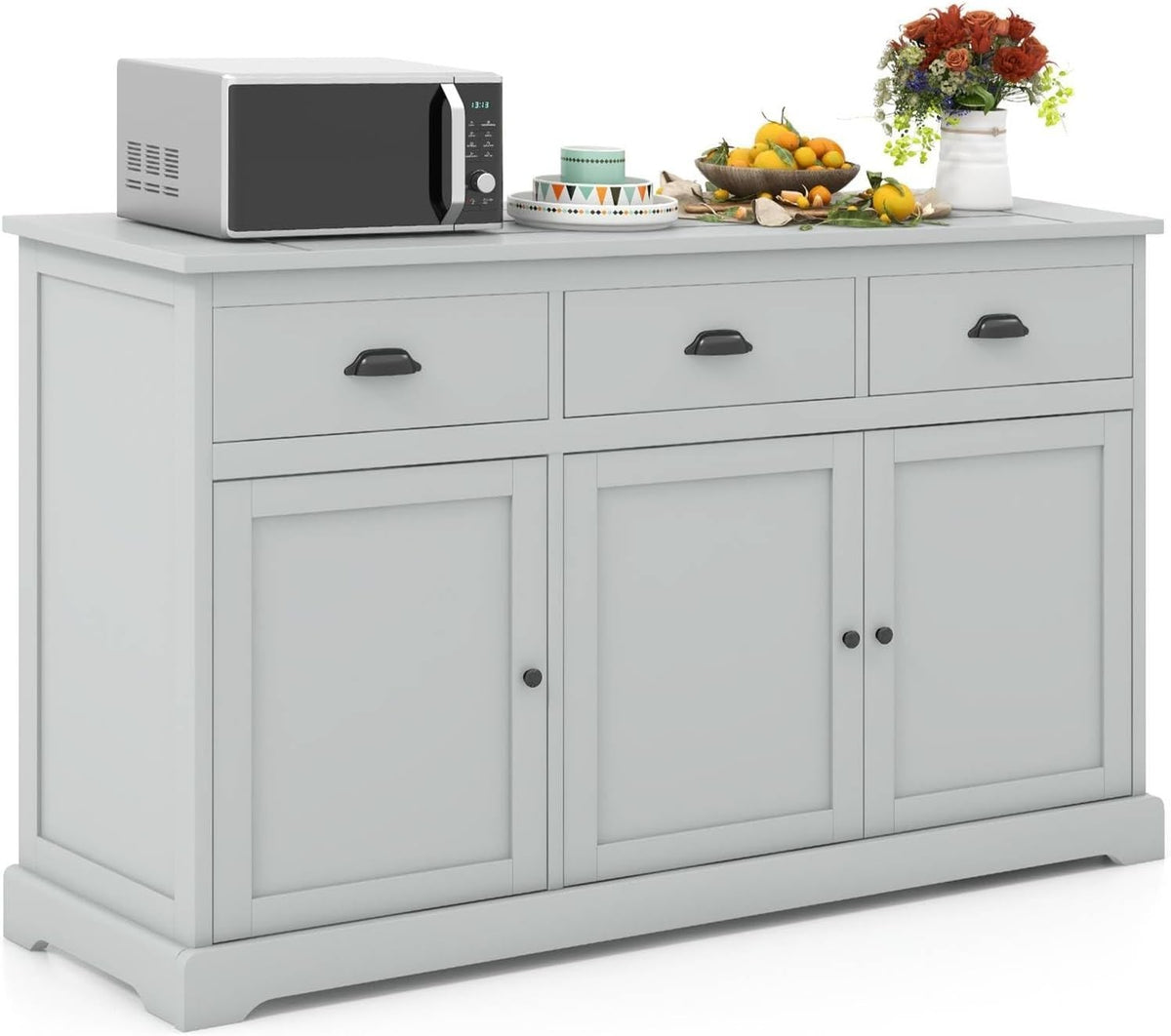 Grey Large Sideboard Buffet Cabinet with 3 Drawers & Adjustable Shelves