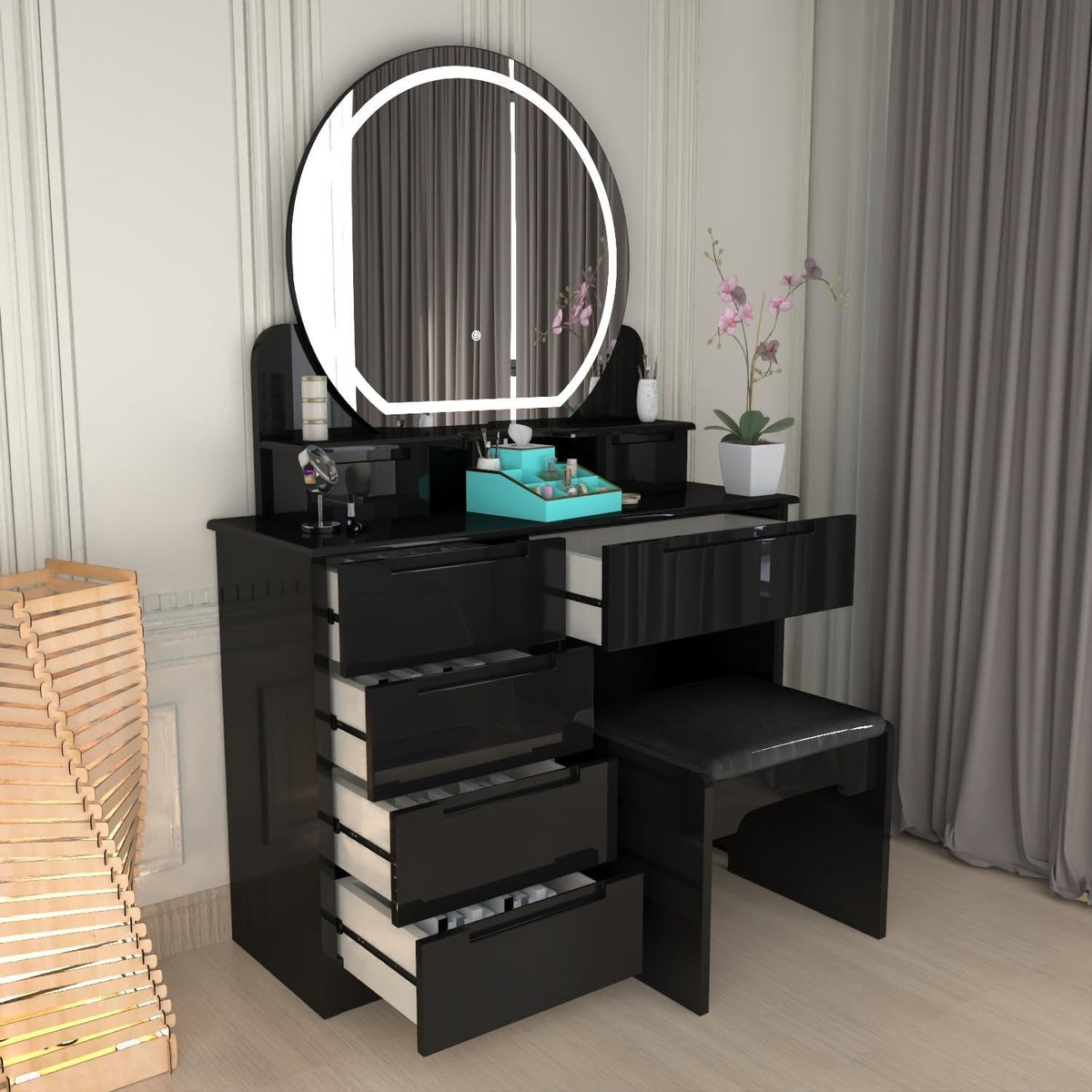 Modern Dressing Table Set 5-Drawer Vanity Makeup Desk Mirror Grey High Gloss
