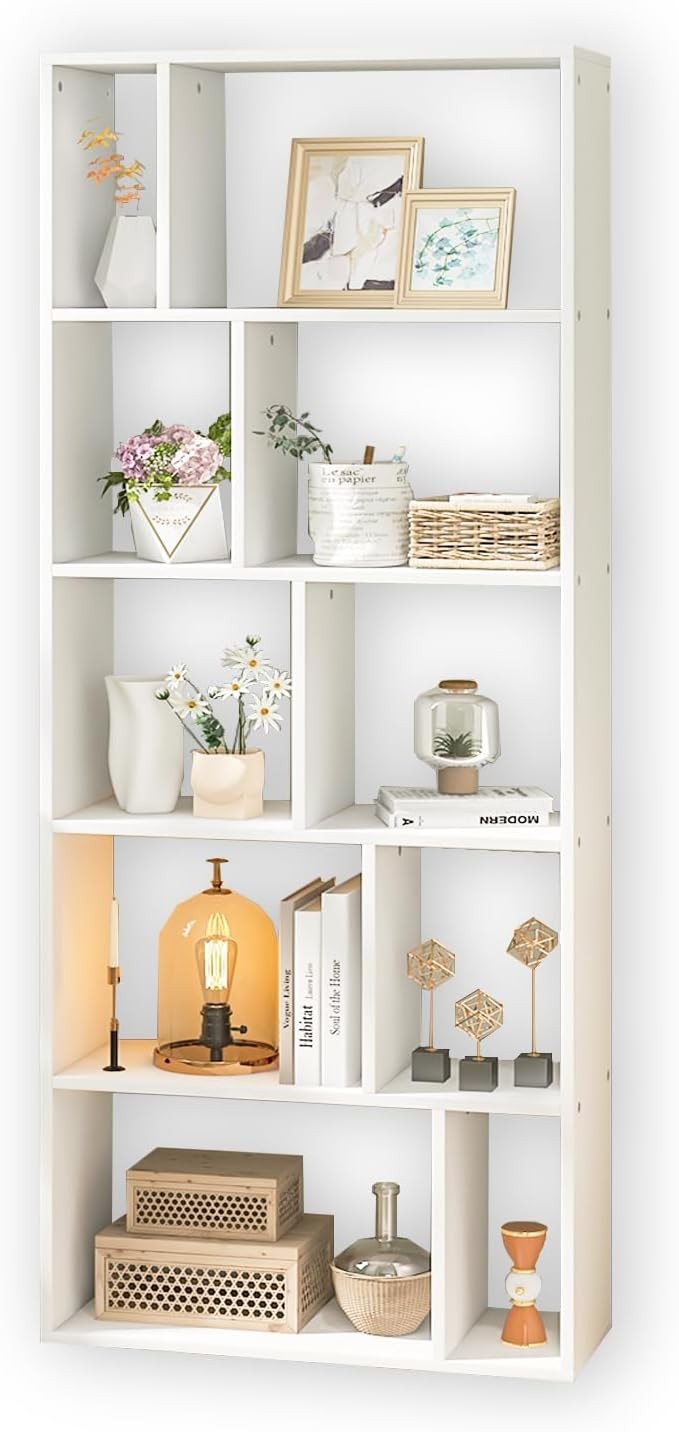 Tall 5-Tier White Bookshelf with 10 Compartments Modern Storage Display Unit