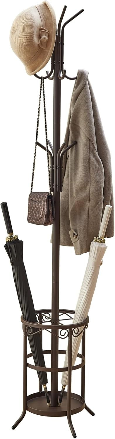 Freestanding Metal Coat Rack 12 Hooks with Umbrella Holder Brown Stand