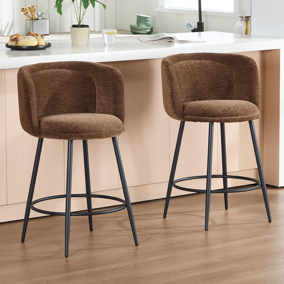 Counter Bar Stools Set of 2 | Brown Chenille L-Shaped Dining Chairs
