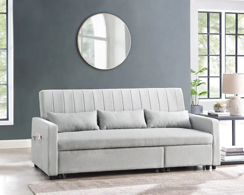 Grey Linen 3 Seater Sofa Bed Pull Out Couch Storage Chaise Guest Sleeper