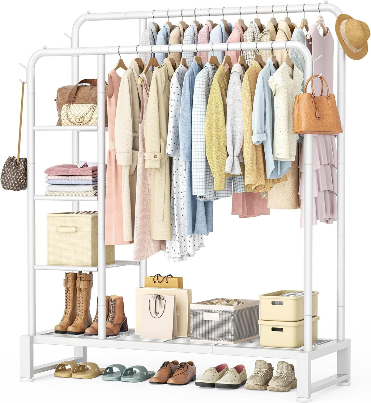 Double Clothes Rail 80KG Rack With Shelves & Hooks White
