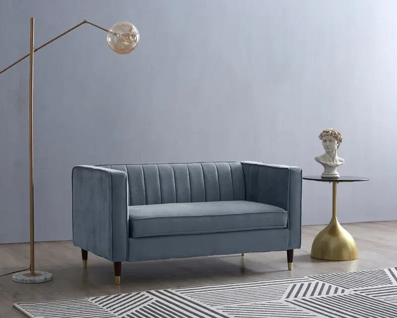 Grey Velvet 2 Seater Sofa Ribbed Back High Arms Wood Legs Modern Couch