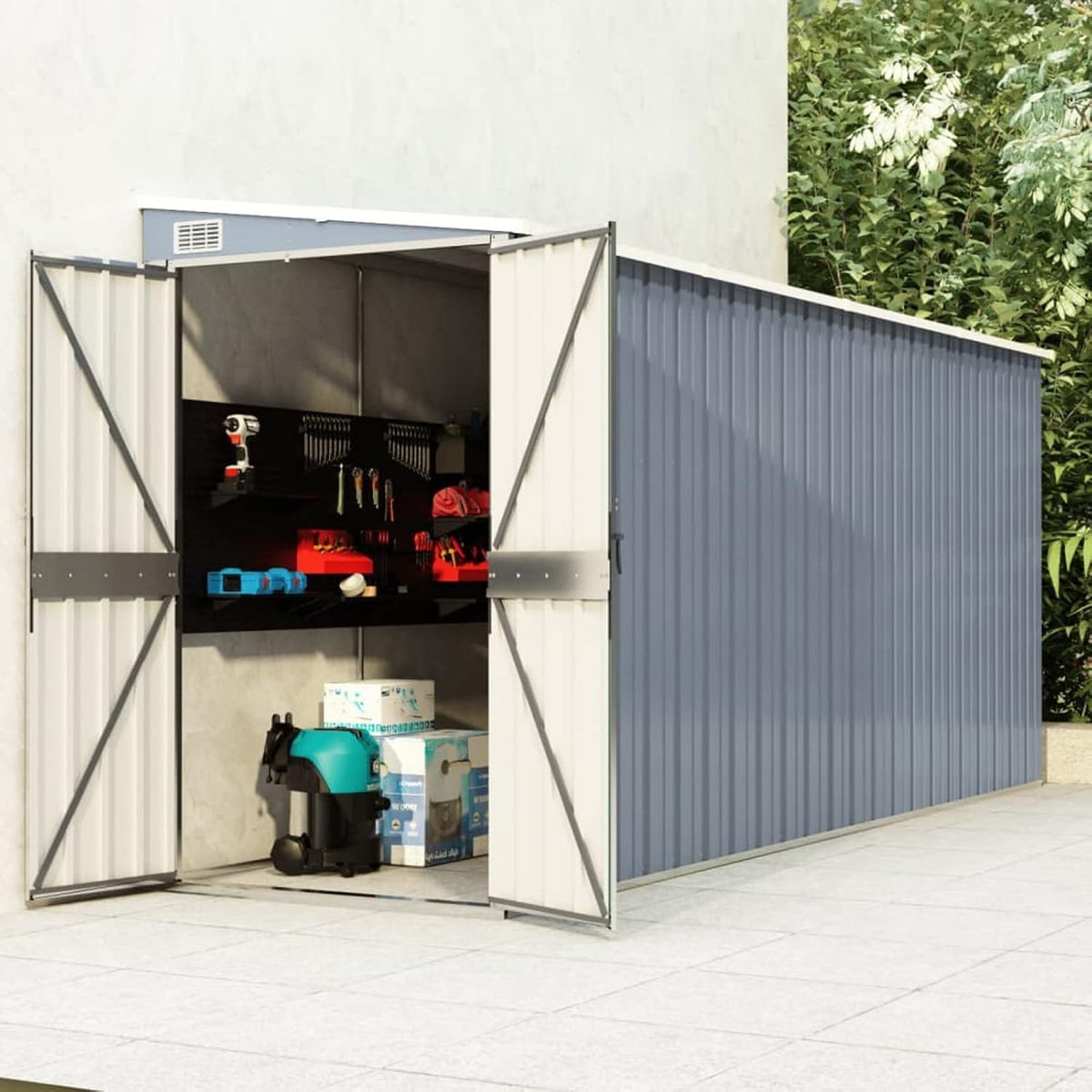 Wall-Mounted Outdoor Garden Shed Grey Galvanised Steel Lockable Storage