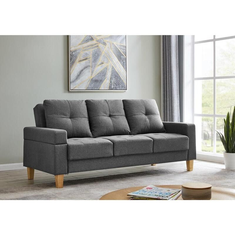 3 Seater Grey Sofa Bed Fabric Couch Removable Armrest Guest Sleeper