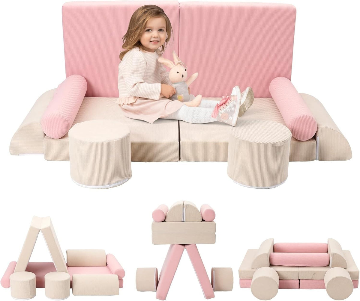 10PCS Kids Modular Sofa Bed Convertible Play Couch Armchair Foam Set Pink Beige