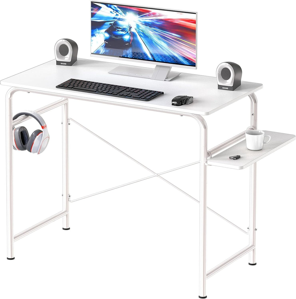 White Compact Writing Desk 79x41cm Modern Computer Table with Side Shelf