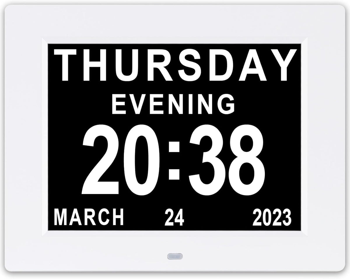 8 Inch Large Digital Dementia Clock Day Date Time White Seniors Display