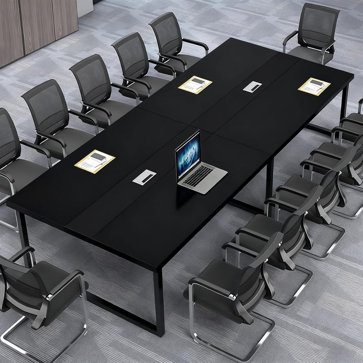 Large Black Conference Table Meeting Desk w/ Cable Duct Metal Frame 120×60cm
