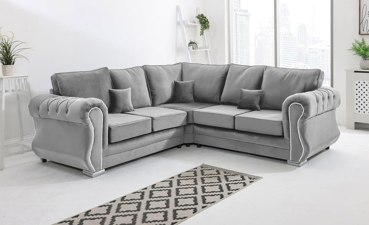 Silver Velvet Corner Sofa 5 Seater Plush Fabric, Foam Cushions, Chrome Legs