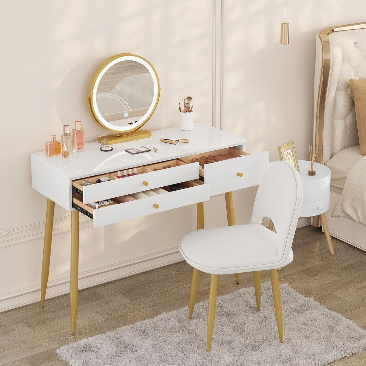 Modern Vanity Makeup Dressing Table Set LED Mirror 3 Drawers Stool White/Gold