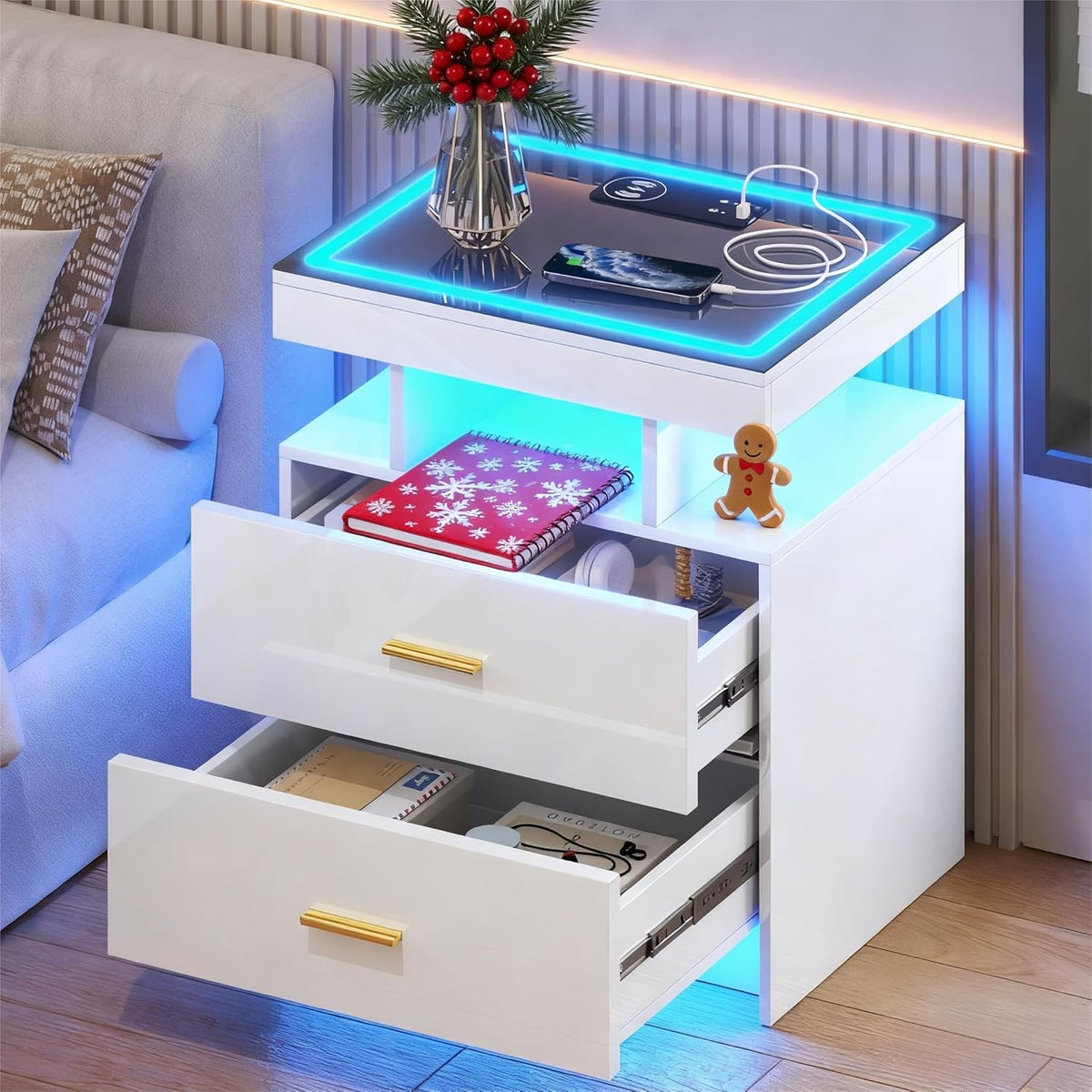 White LED Bedside Table with Wireless Charging, Glass Top & 2 Drawers Modern
