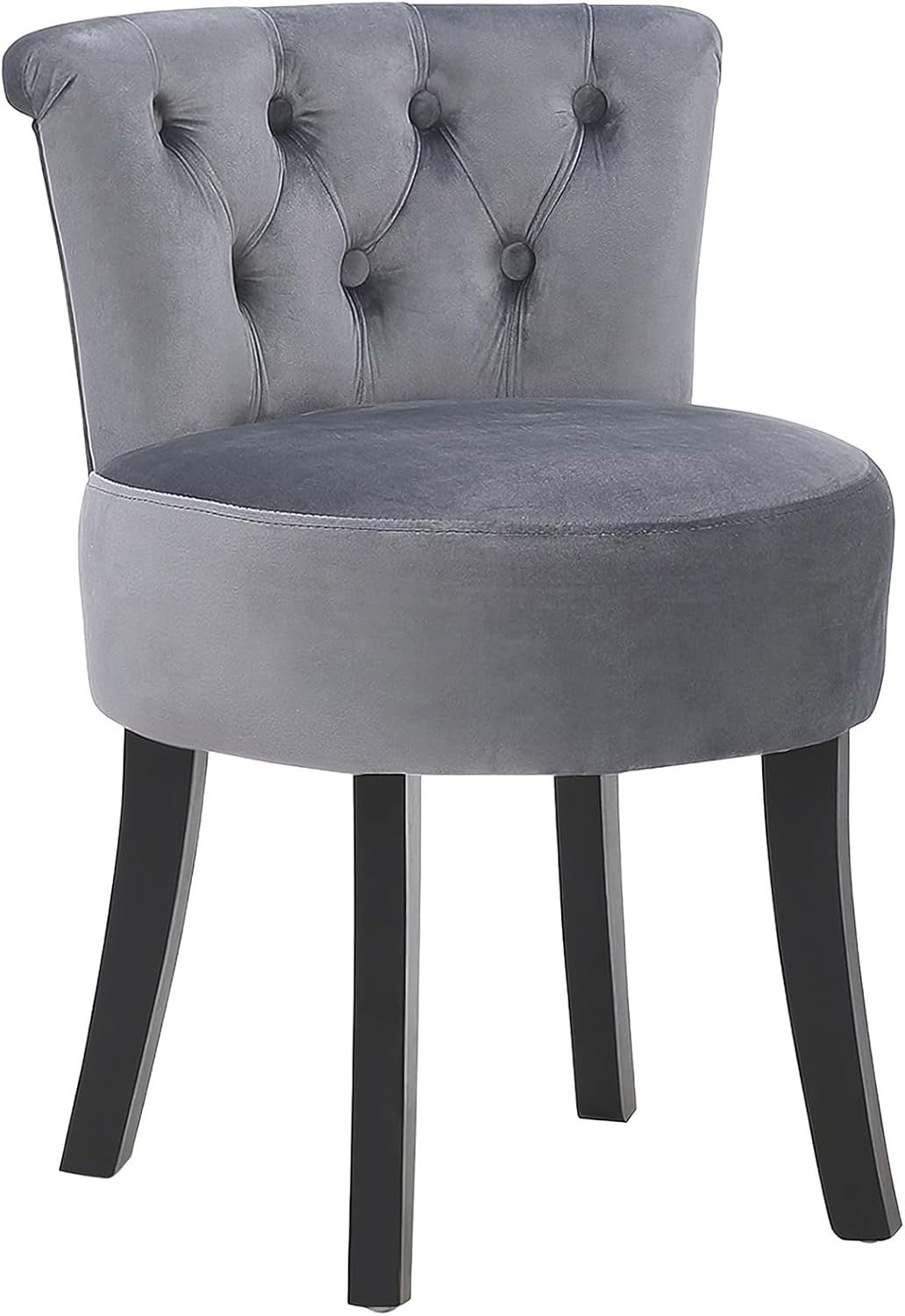 Grey Velvet High-Back Vanity Stool with Wooden Legs – Comfy Dressing Chair