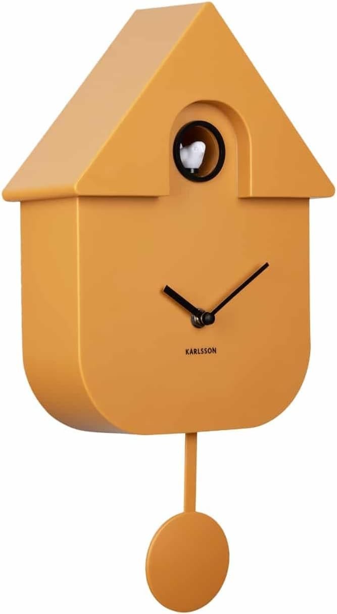 Modern Yellow Cuckoo Wall Clock with Pendulum & Adjustable Volume Alarm