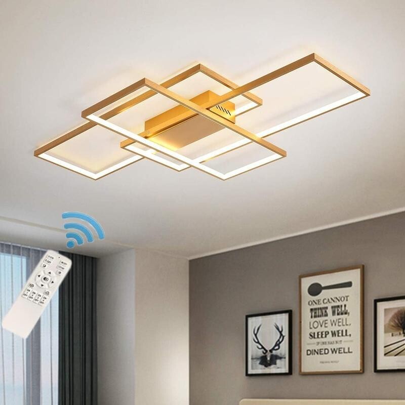Gold LED Ceiling Light 3 Square Dimmable 50W Remote Control Modern Fixture