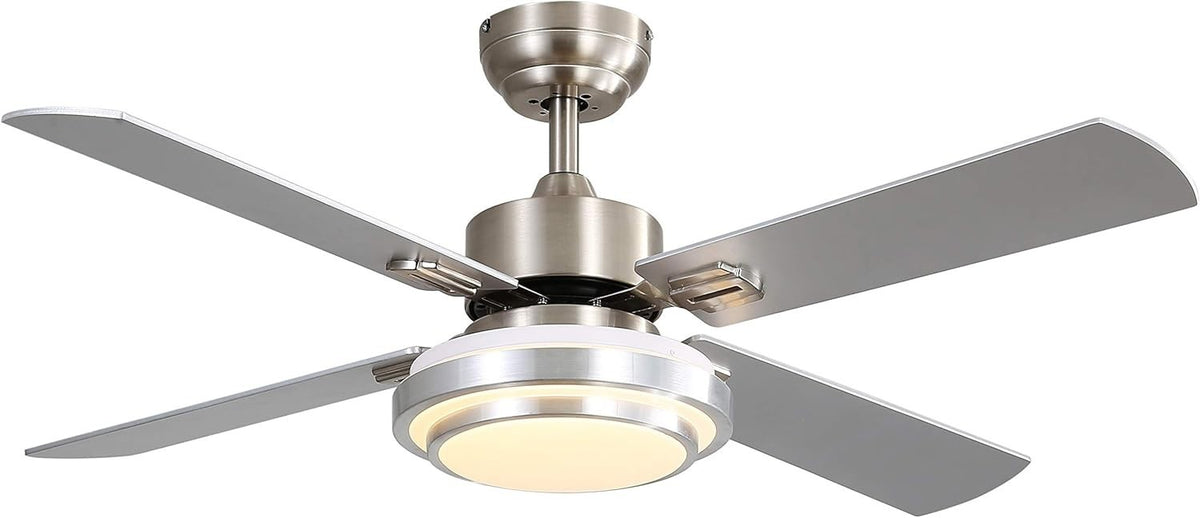 48" Ceiling Fan with LED Light, 4 Blades, Remote, Dimmable & Reversible, Nickel