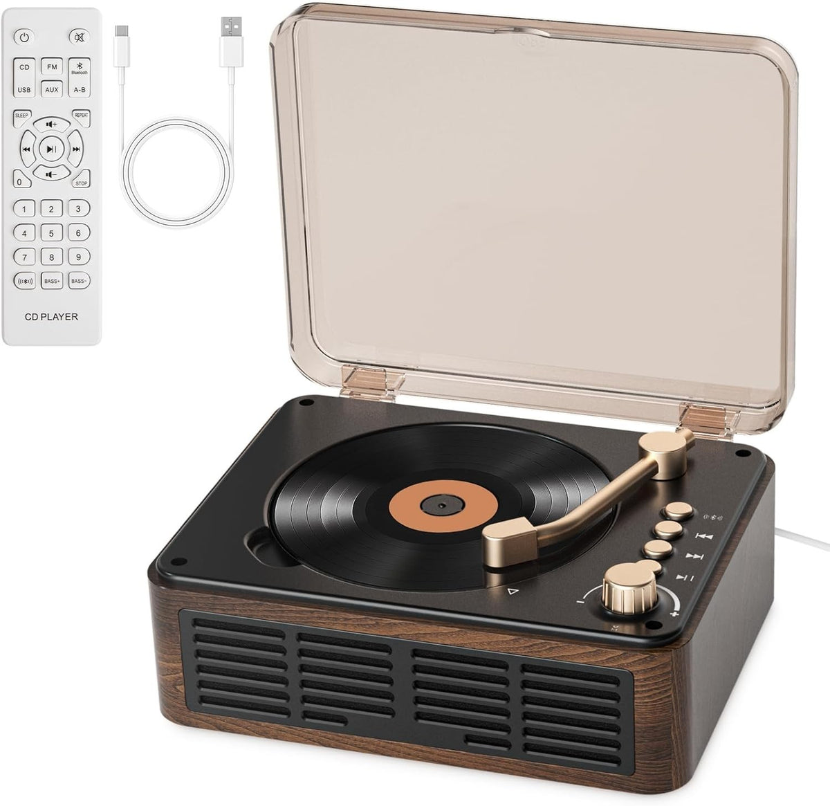 Retro Bluetooth CD Player HiFi Stereo Speakers FM Radio USB AUX Remote