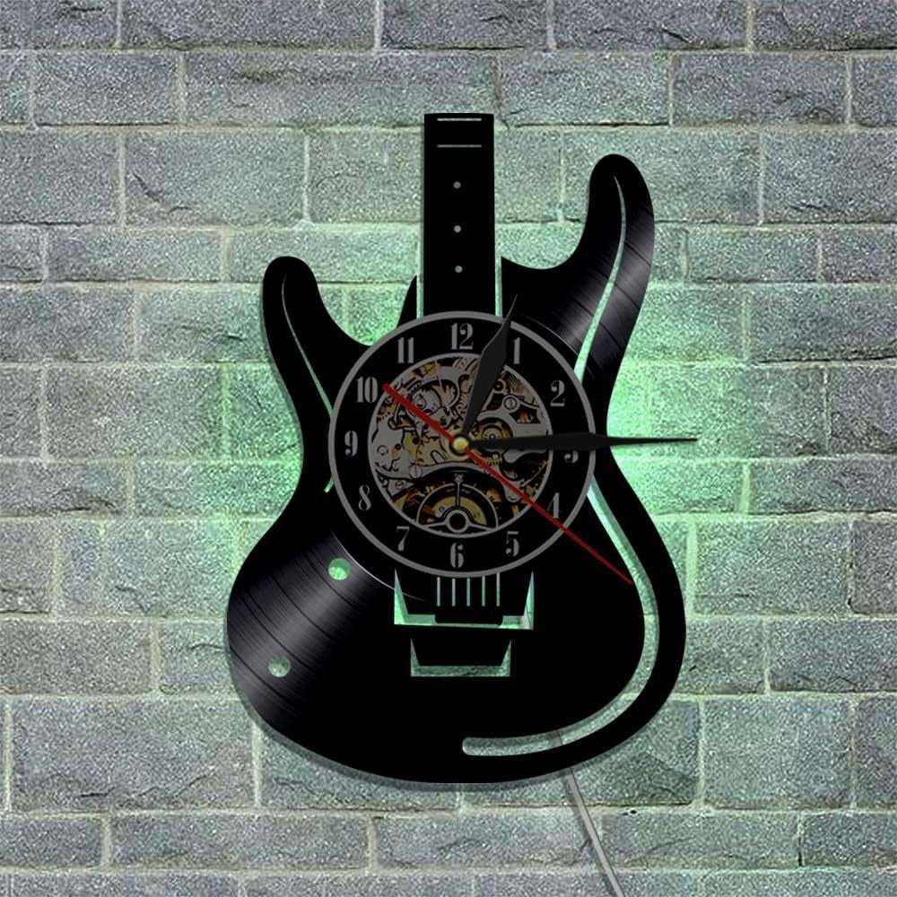Guitar Vinyl Wall Clock with LED Light – 12" Music Note Decor for Bedroom & Stud