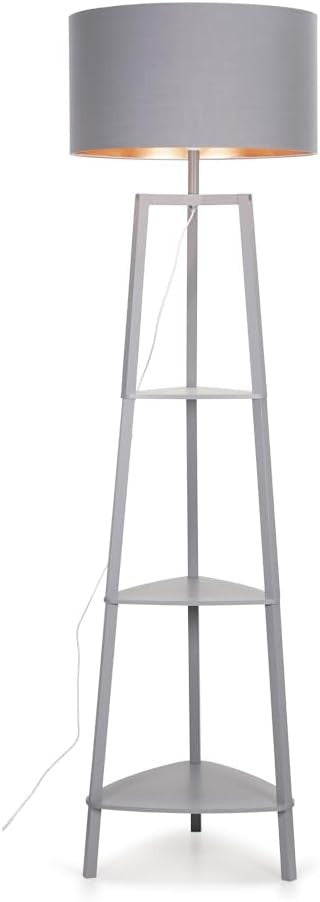 Modern Grey Wooden Floor Lamp with Storage Shelves & 6W LED Bulb
