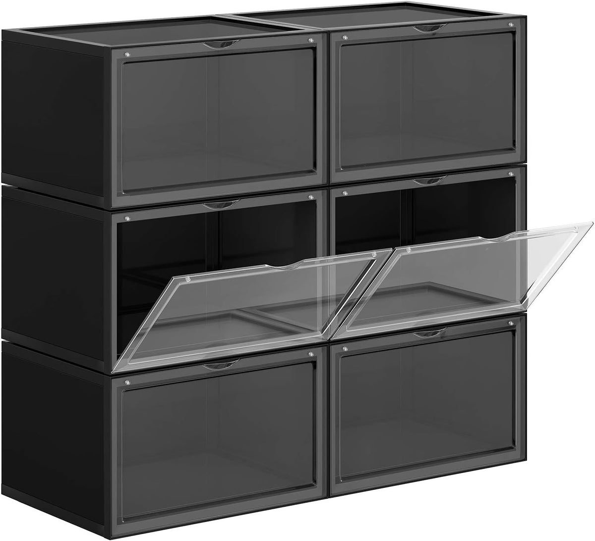 Set of 6 Stackable Shoe Boxes with Doors, Large Clear Plastic Storage.