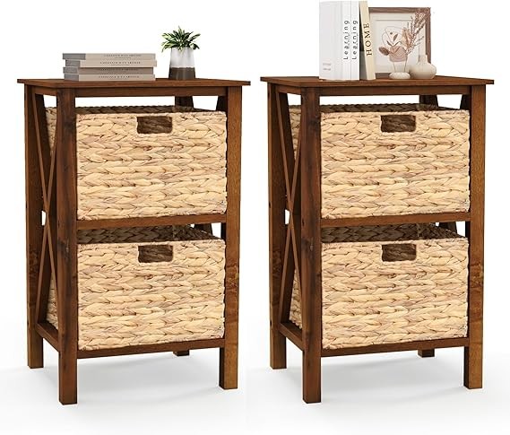 2x Walnut Bedside Tables with Seagrass Baskets | Rustic 2-Tier Narrow Nightstand