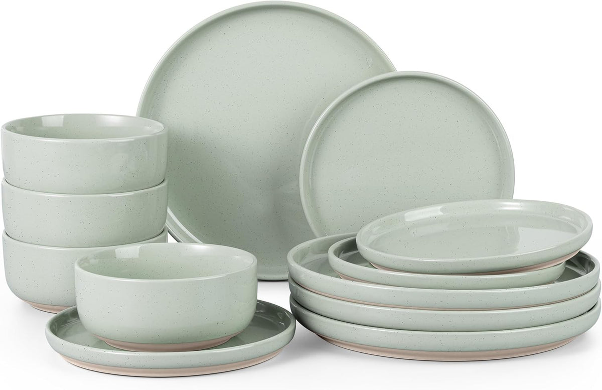 12pc Stoneware Dinnerware Set Plates Bowls Green for 4