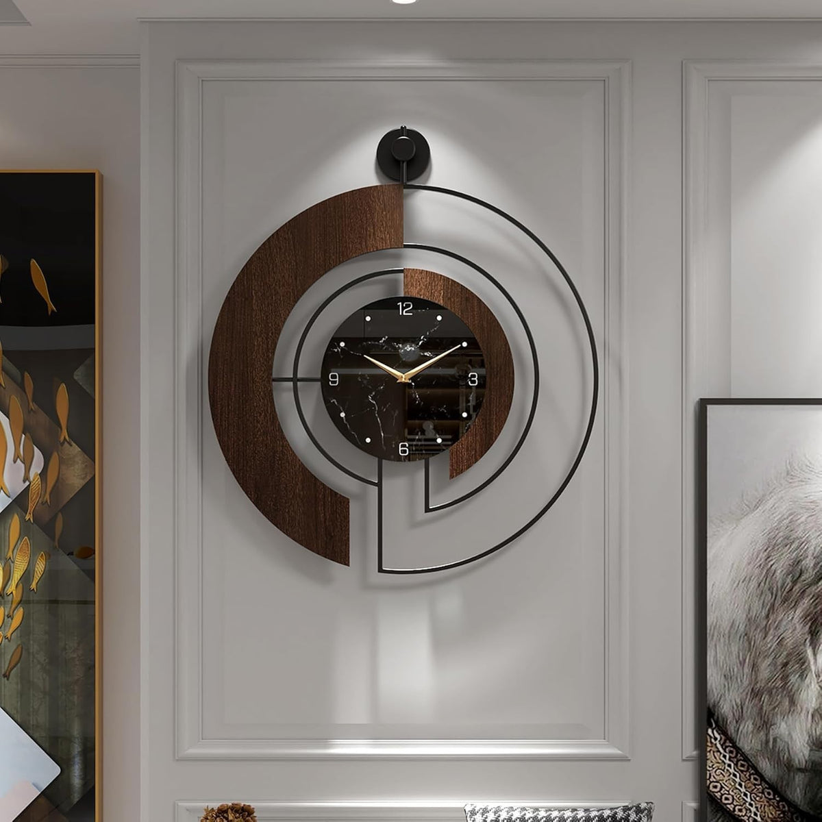 Modern Walnut Marble Dial Wall Clock with Wood & Metal Frame