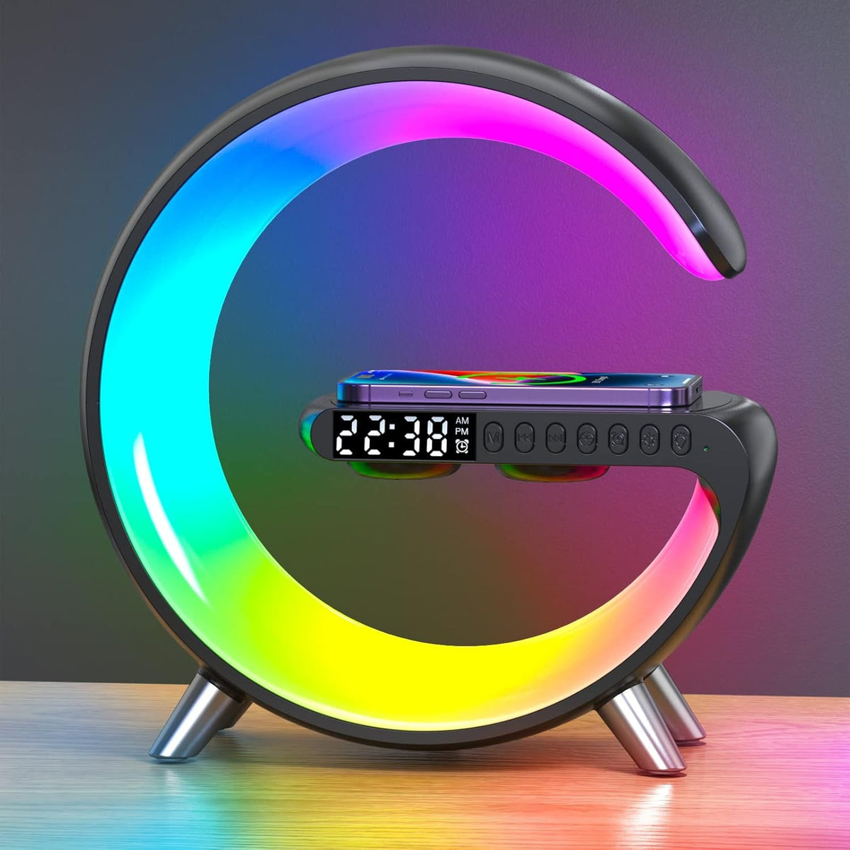 Smart LED Table Lamp Wireless Charger Bluetooth Speaker Alarm Clock RGB