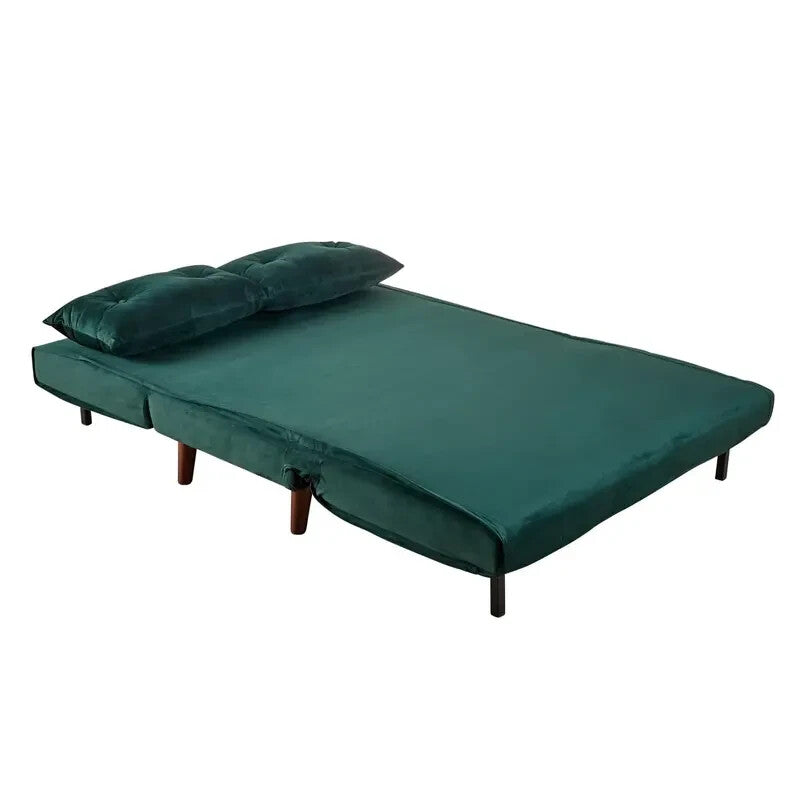 Green Velvet Double Sofa Bed 2 Seater w/ Pillows Fold Out Guest Sleeper