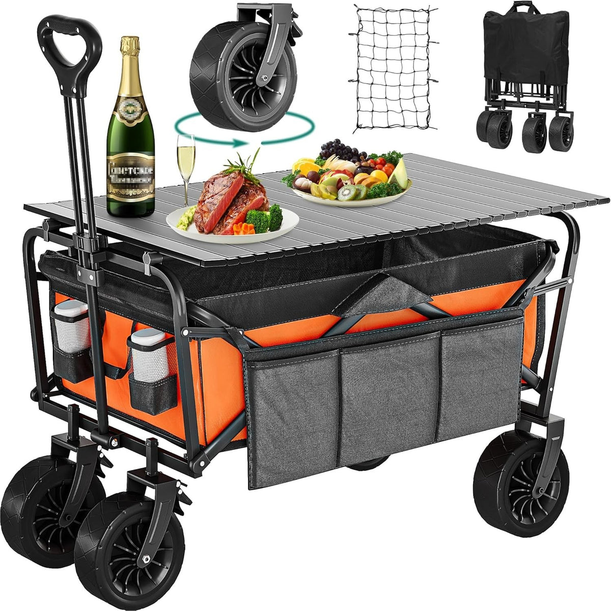 Orange Folding Beach Wagon Cart w/ Table Oversized Wheels Adjustable Handle