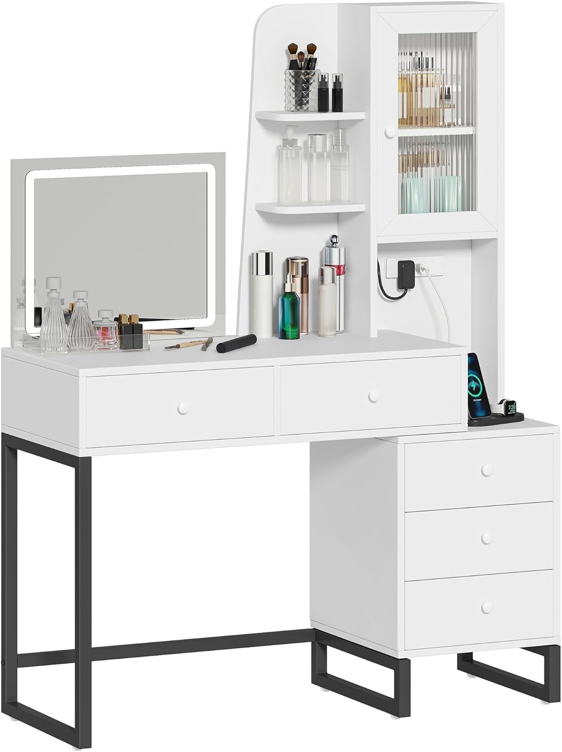 Makeup Vanity Table Mirror LED Lights Storage Drawers Modern White Dressing Desk