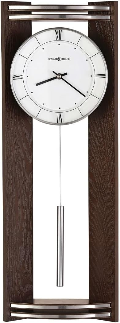 Silent Quartz Wall Clock with Pendulum | Modern Brown Silver Design, Battery