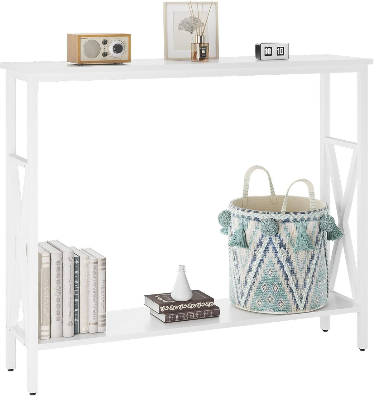 Compact Industrial Console Table with Adjustable Feet & Metal Frame, White