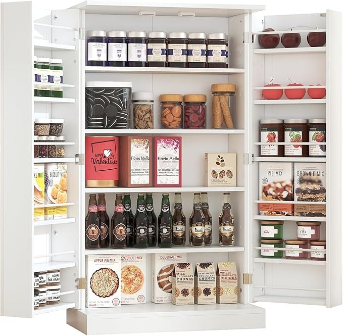 Tall White Kitchen Pantry Cabinet with 6 Adjustable Shelves & Doors – Space