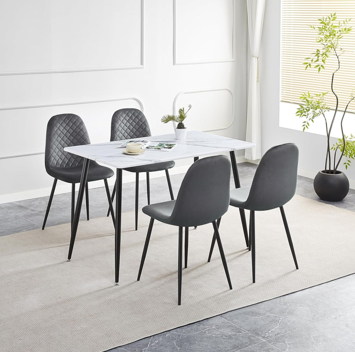 120cm Marble Dining Table Set 4 Grey Velvet Chairs Modern Kitchen Home