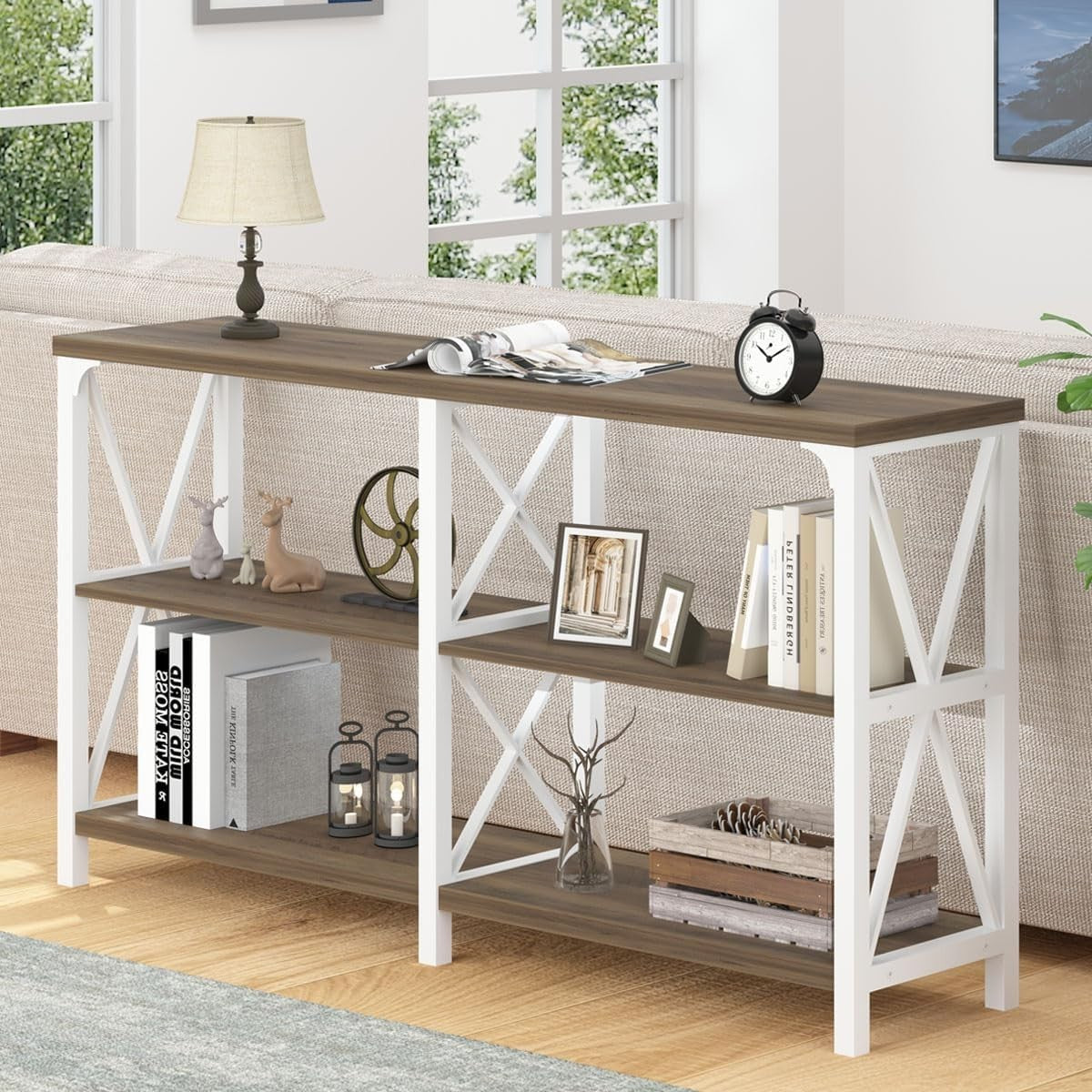 Farmhouse Entryway Table 140x75x76cm | Rustic Oak Storage Shelf Console