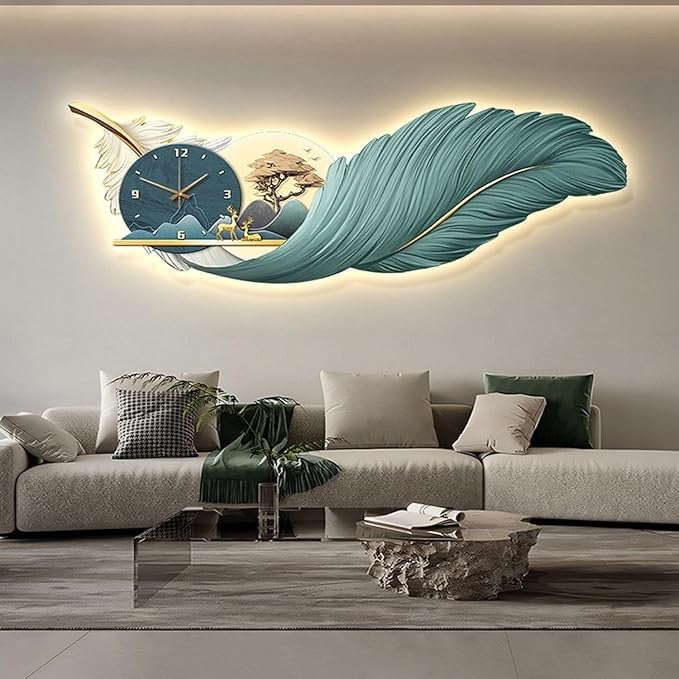 LED Feather Wall Clock 140×51cm Luxury Silent Modern Light-Up Wall Art Decor