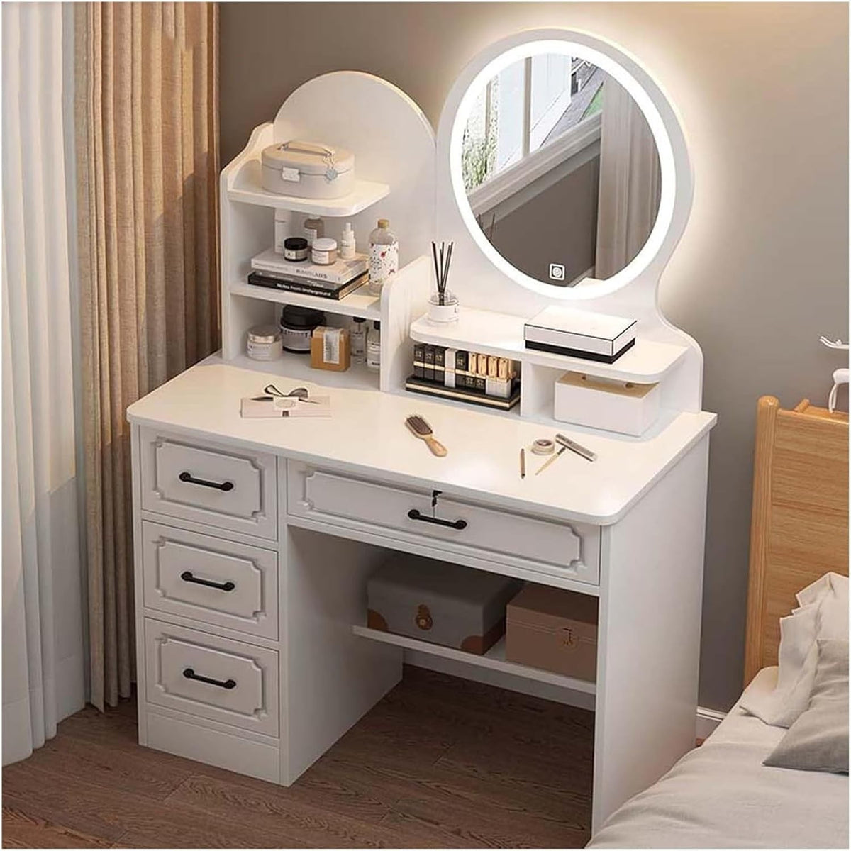 Modern Dressing Table Vanity Desk Set with LED Lights Mirror Stool Drawers Stora